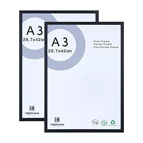 A3 schwarze Bilderrahmen-Massivholzrahmen mit Perspex front für die Wandmontage, 29,7 x 42 cm Fotorahmen/Malrahmen / Posterrahmen / a3-Zertifikatrahmen für Wanddekoration und Wohnkultur, 2er-Set