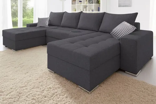 Wohnlandschaft COLLECTION AB "XL-Josy U-Form" 313 cm, grau - Sofa mit Bettfunktion & Bettkasten, ideal für gemütliche Abende und Platzersparnis, inklusive 4 Rückenkissen, perfekt für jedes Wohnzimmer.