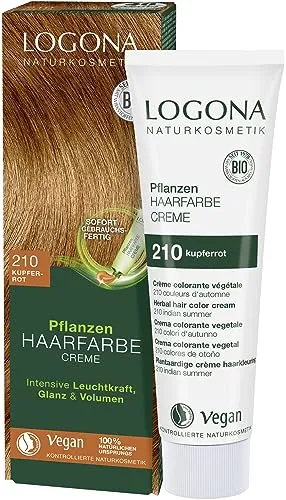 LOGONA Naturkosmetik Pflanzen-Haarfarbe Creme 210 Kupferrot, Kupferrote Natur Haarfarbe mit Henna, vegane Farbcreme für eine dauerhafte Coloration, schonende Färbung für glänzendes Haar, 150ml