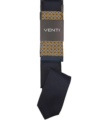 Venti Set aus Krawatte und Einstecktuch gemustert Dunkelblau - Krawatten für Herren, aus reiner Seide mit modischer Struktur und schmaler Form, vielseitig kombinierbar für elegante Anlässe.