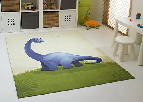 Steffensmeier Dinosaurier Teppich Denni für Kinderzimmer - Ökotex zertifizierter Kinderteppich in beige-blau, Größe 140x200 cm. Ideal zum Spielen mit Autos, rutschfest und strapazierfähig, perfekt für ein gemütliches Kinderzimmer.