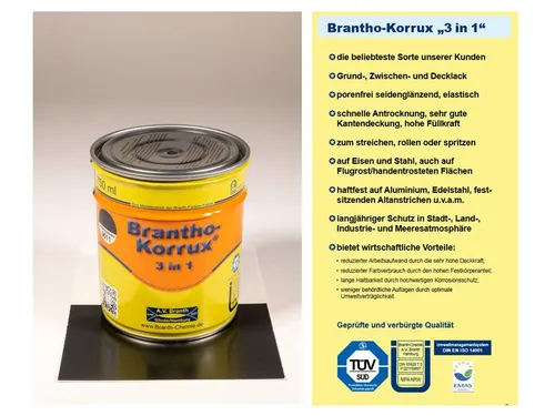 Brantho Korrux 3in1 Rostschutz 750ml RAL 9011 - Hochwertige Metallschutzfarbe in Graphitschwarz (RAL 9011), ideal für robusten Rostschutz. Inhalt: 750 ml, perfekt für vielseitige Anwendungen.