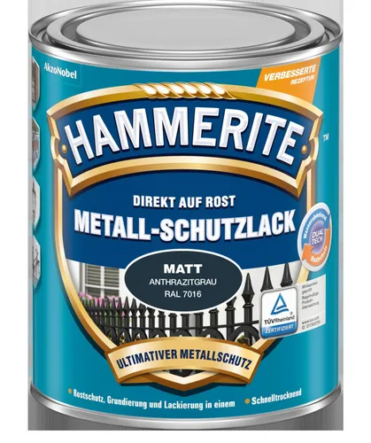 Hammerite Metallschutzlack Matt, Anthrazitgrau, 250ml - Metallfarben, schützt zuverlässig vor Rost mit hoher Schlag- und Kratzfestigkeit und ist schnell trocknend.