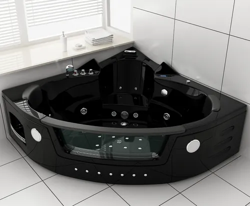 Luxus SPA LED Whirlpool Badewanne Black 140x140 cm - Indoor-Whirlpool mit modernem Design, ausgestattet mit Hydrojet, Heizung und stimmungsvollem LED-Licht für ein entspannendes Badeerlebnis.