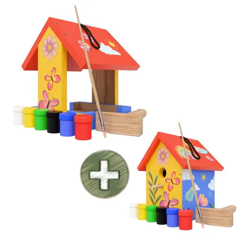Eli Futterhaus Bausatz für Kinder zum bemalen inkl. Vorlagen - 6 Farben - Pinsel, Holzhammer - Nägel - kreative Schablone - Vogelhaus