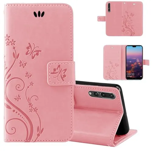 betterfon Hülle Kompatibel mit Huawei P20 Pro | Premium PU Leder Handyhülle Wallet Case für P20 Pro | Schutzhülle Blumen Klapphülle Handyhülle | Pink