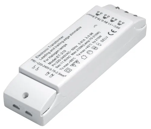 Elektronischer Halogen-Trafo 230/12V/70-210W - Sonstige Elektroinstallationsartikel mit Überlastungsschutz und Temperatursicherung, dimmbar für flexible Lichtgestaltung, kompakte Maße 175 x 46 x 33 mm.