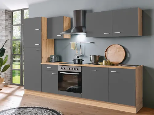 Menke Küchenblock Classic 1 mit Geschirrspüler, 280 cm - Einbauküche mit 9 Türen und 1 Schublade, inklusive energieeffizientem Einbau-Kühlgefrierkombination und Herd-Set für optimale Koch- und Lagermöglichkeiten.