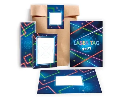 Limonia 12 Einladungskarten zum Kindergeburtstag Laser Tag Gaming Einladung Geburtstag Mädchen Kinder Jungs Jungen Boys Mitgebsel inkl. 12 Umschläge, 12 Tüten, 12 Aufkleber, 12 Lesezeichen, 12 Blöcke