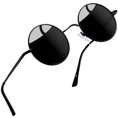 Joopin Retro Sonnenbrille Herren Runde Schwarz Klassische und Polarisierte Sonnenbrille Damen Rund Brille Hippie Sunglasses UV400 Schutz (Schwarz)