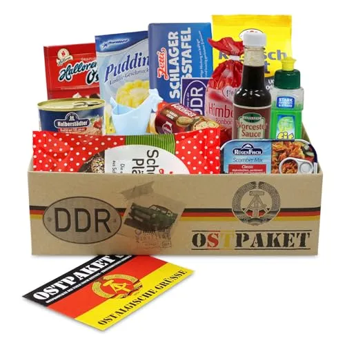 OLShop AG Ostpaket Mini - DDR Spezialitäten Geschenkset - Süßigkeiten-Geschenkideen mit 13 typischen DDR Produkten, ideal für Nostalgie-Fans und als Geschenkidee für besondere Anlässe.
