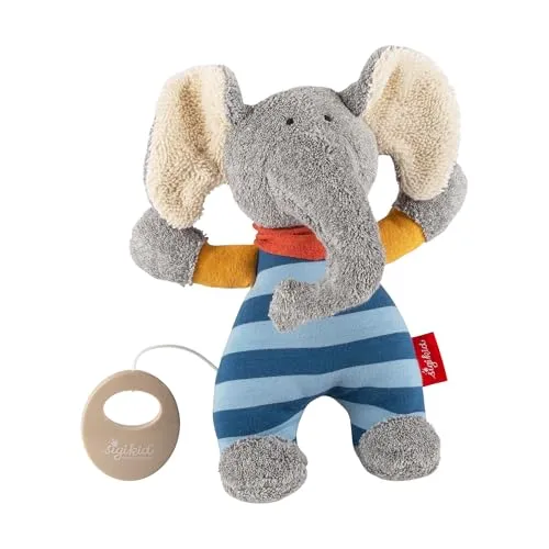 Sigikid 48800 - Lolo Lombardo Spieluhr - Kuschelige Spieluhr mit beruhigender Melodie, ideal zum Einschlafen für Babys. Fröhlicher Elefant in harmonischen Farben, perfekt als Geschenk zur Geburt oder Taufe. Waschbar bei 30°C für optimale Hygiene.