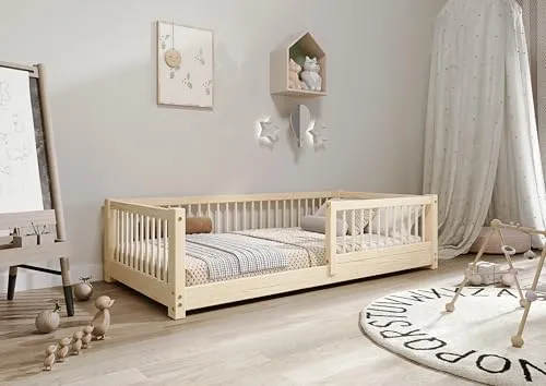 TIMBEE - Alfi - Kinderbett 70x140 cm - Bett Holz Unlackiert - Einzelbett für Kinder mit Lattenrost und Rausfallschutz Abnehmbar - Belastbar bis 100 kg - aus Kiefernholz Klasse 1