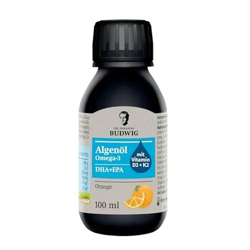 Dr. Johanna Budwig Omega 3 Algenöl Vegan Orange 100ml - Hochdosiert und Laborgeprüft - Omega-3 Öl aus Mikroalgen, reich an DHA, EPA sowie Vitamin D3 und K2. Ideal für Herz, Hirn und Augen, vegan und geschmacklich angenehm mit fruchtigem Orangenöl.