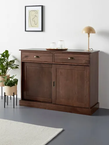Sideboard HOME AFFAIRE "Schröder" aus FSC-zertifiziertem Massivholz - Kommode aus braunem Kiefernholz mit 2 Schiebetüren und 2 Schubkästen, ideal für stilvolle und nachhaltige Einrichtung. Maße: B:114cm H:85cm T:40cm.