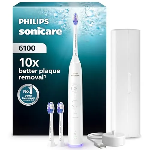 Philips Sonicare 6100 Schallzahnbürste - Erleben Sie sanfte Reinigung mit der Philips Sonicare 6100: 2 Putzmodi, 3 Intensitätsstufen und intelligente Andruckkontrolle für optimale Mundpflege. Inklusive Reiseetui und 3 Bürstenköpfen.