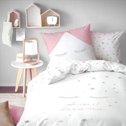 Sweet Dreams Wendebettwäsche für Kinder - 80x80 + 135x200 cm in Rosa - Bettwäsche aus 100% Baumwolle in weicher Biber-Qualität, ideal für süße Träume. Wende-Motiv mit zauberhaften Sleepy Eyes und Sternen, perfekt für jedes Mädchenzimmer.