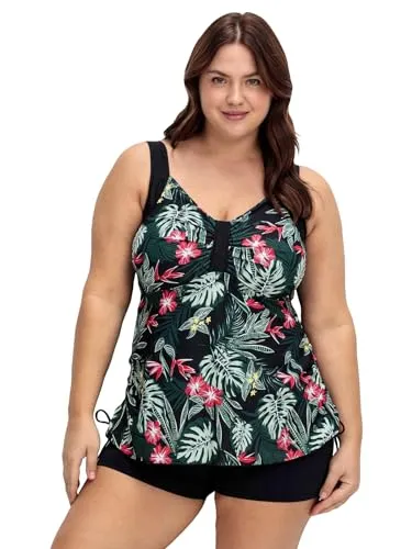 Sheego Tankini-Top Große Größen - Bademode in Größe 40, mit tropischem Print, seitlicher Raffung und aus hochwertigem Xtra Life LYCRA® für langanhaltenden Tragekomfort.