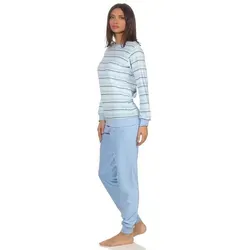 Normann Damen Frottee Pyjama langarm in Streifenoptik - Bequemer Schlafanzug in hellblau mit Rundhals-Ausschnitt und Bündchen, ideal für gemütliche Nächte. Hergestellt aus einer hochwertigen Baumwoll-Mischung für angenehmen Tragekomfort.