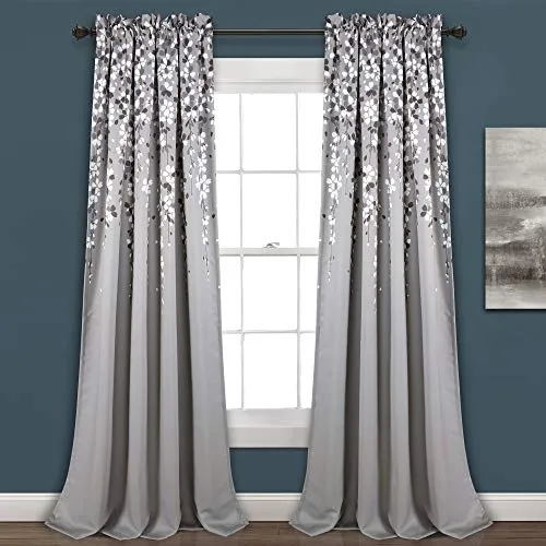 Lush Decor Fenstervorhang mit weinenden Blumen, 132 cm B x 213 cm L + 5,1 cm Kopfleiste, Grau – charmante, Moderne Blumenvorhänge für Wohnzimmer, Esszimmer und Schlafzimmer