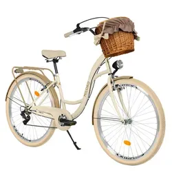 MILORD Damenfahrrad Citybike Komfort mit Weidenkorb – Vintage Hollandrad 26 Zoll - Hochwertiges Citybike mit robustem Stahlrahmen und 7-Gang-Schaltung. Ideal für Pendler und Stadtfahrten. Fast komplett vormontiert, inklusive Werkzeug für einfache Anpassungen. Komfort und Stil vereint!