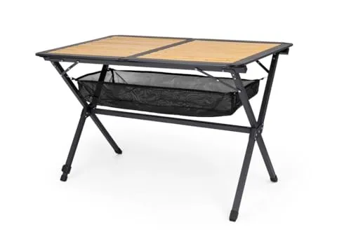 BERGER Alu-Bambus Rolltisch - Leichter Klapptisch für Camping & Garten - Campingtische: Wetterfester Rolltisch mit stabiler Bambusplatte und höhenverstellbaren Füßen, ideal für Outdoor-Aktivitäten und Platz für bis zu 6 Personen.