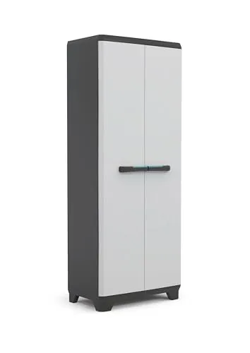 Keter Linear Kunststoffschrank, hoch, hellgrau/schwarz/blau - Gartenschrank mit 3 höhenverstellbaren Einlegeböden, ideal für Garage oder Werkstatt. Schneller Aufbau ohne Werkzeug in nur 15 Minuten!