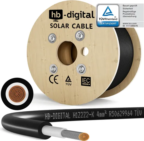 HB-DIGITAL Solarleitung H1Z2Z2-K 4mm² PV Kabel - TÜV Rheinland zertifiziertes Solarkabel für Photovoltaik, mit hoher Temperaturbeständigkeit und UV-Schutz, ideal für zuverlässige Solarinstallationen.