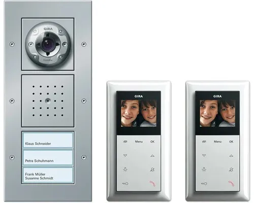 GIRA Video-Türsprechanlage Kabelgebunden Komplett-Set für 2 Familienhäuser - Haus-Alarmanlagen, hochwertiges Aluminium-Design und einfache Installation für maximale Sicherheit und Komfort.