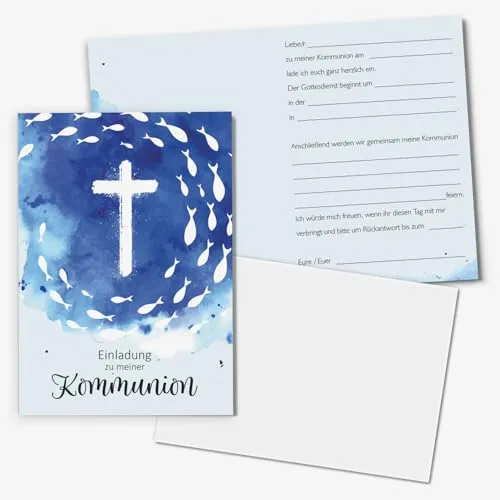 younikat Einladungskarten Kommunion I 15x DIN A6 zum Ausfüllen mit Lückentext I inkl. Umschlägen I Klappkarte Aquarell Blau Fische Kreuz I dv1559