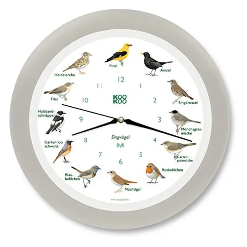 KOOKOO Singvögel Seiden-Grau: Die Singende Vogeluhr mit 12 heimischen Singvögeln - Wanduhren mit 12 echten Vogelstimmen, die zu jeder vollen Stunde singen; ausgestattet mit einem präzisen RC Funkquarzwerk für exakte Zeitangaben.