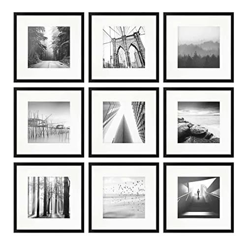 PHOTOLINI Bilderrahmen 30x30 Schwarz - Set mit Passepartout - Bilderrahmen für Poster: 9 quadratische 30x30 cm Bilderrahmen aus MDF Holz, bruchsicheres Acrylglas und einfaches Aufhängen mit Zubehör für stilvolle Wandgestaltung.