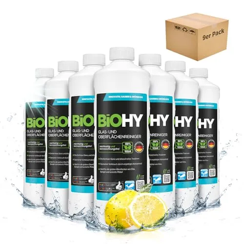BiOHY Glas- und Oberflächenreiniger (9 x 1 Liter) | Streifenfreier Glanz für Fenster & Küche - Reinigungsmittel für Glas & Kunststoff, hochergiebiges Konzentrat, entfernt Fett und Kalk mühelos – perfekt für ein strahlendes Zuhause.
