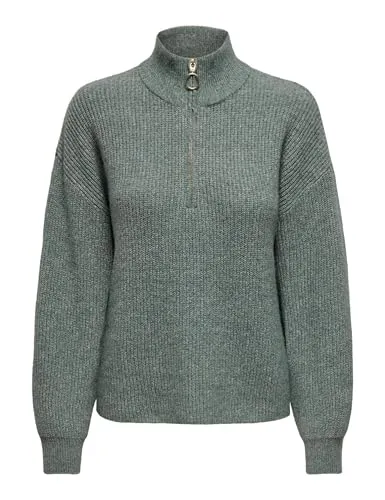 Strickpullover ONLY "ONLTOKYO SOLID L/S ZIP PULLOVER KNT NOOS" - Damen Pullover mit hochgeschlossenem Reißverschluss und Rippbündchen für optimalen Tragekomfort. Der melierte Stoff aus 79% Polyester hält warm und ist pflegeleicht.