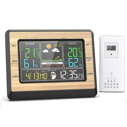 Tekoo Funk-Wetterstation mit Außensensor – 6 Zoll Farbdisplay in Holzoptik - Moderne Wetterstation mit Außensensor und 6 Zoll Farbdisplay. Zeigt präzise Wetterdaten, Temperatur und Luftfeuchtigkeit an. Ideal für den täglichen Gebrauch und mit USB-Ladefunktion für Mobilgeräte.