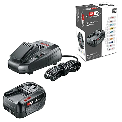 Bosch 18V 4,0 Ah Akku Starter Set - Praktisches Starter Set mit 18V Akku und Ladegerät für vielseitige Anwendungen im Heim- und Gartenbereich. Ideal für effizientes Arbeiten mit Bosch Geräten.
