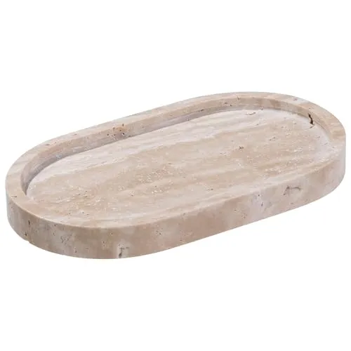 Navaris Travertin Tablett oval - Langlebig und stilvoll - Badezimmer Tablett - Vielseitig einsetzbar als Schlüsselablage Schale, Parfum Tablett, Kosmetik Aufbewahrung