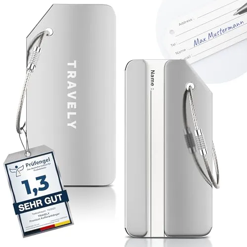 Travely - Premium Kofferanhänger 2er Set in Silber - Extra sicher und stylish - Praktische Gepäckanhänger in bunten Farben für mühelose Identifikation. Robustes Aluminiumgehäuse mit sicherem Stahlseil und diskreter Namensschild-Abdeckung für optimalen Schutz und Datenschutz.