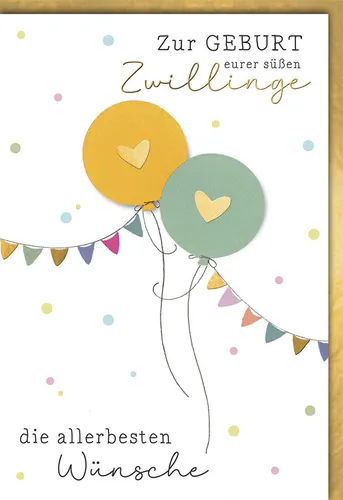 Geburt - Baby - Zwillinge - Glückwunschkarte im Format 11,5 x 17 cm - Luftballon