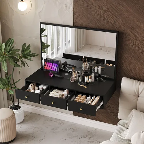 Schminktisch Schwarz mit Spiegel und 3 Schubladen - Eleganter Schminktisch mit hochwertiger Spanplatte, glänzender Oberfläche und praktischem Stauraum. Integrierte Steckdosen und Getränkehalter für komfortables Styling. Ideal als Schminktisch oder Computertisch.