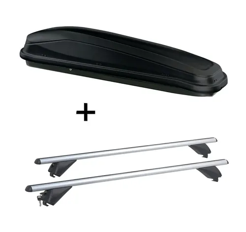 Dachbox JUEASY300 300L + Alu Dachträger für Mini Cooper - Praktisches Set: Dachbox JUEASY300 (300L) in Schwarz und Aluminium-Dachträger für Mini Cooper (5 Türer, ab 2014). Maximale Zuladung 50 kg, einfach zu montieren, ideal für Ski und Snowboards.