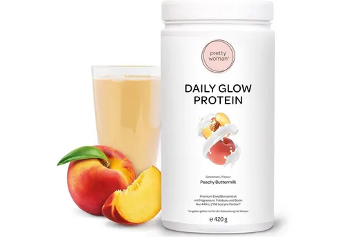 pretty woman® Daily Glow Eiweiß Pulver „Peachy Buttermilk“ 420 g – Low Carb Shake mit Vitaminen - Leckerer Eiweißshake für Frauen mit nur 0,5g Zucker pro Portion. Ideal für eine kohlenhydratarme Ernährung und unterstützt einen aktiven Lifestyle. Premiumqualität aus Deutschland.