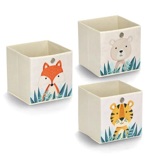 ZELLER PRESENT Aufbewahrungsbox "Animals", beige, 3er Set - Praktisches 3er Set Aufbewahrungsboxen mit niedlichen Tiermotiven. Faltbar und platzsparend, ideal für das Kinderzimmer. Mit Griffloch für einfaches Herausnehmen, Maße 28 x 28 x 28 cm.