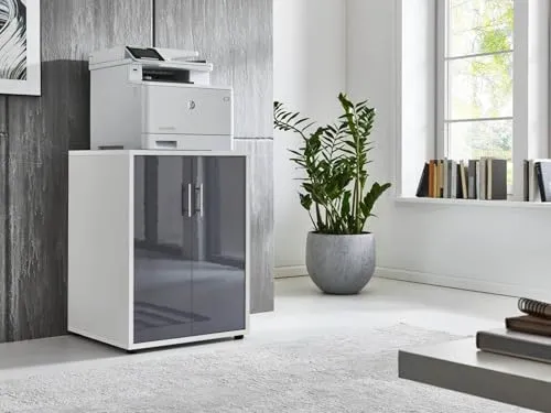 moebel-dich-auf Kommode OFFICE EDITION - Druckerkommode, 54 cm breit, modern in Weiß/Anthrazit Hochglanz - Kommode aus der Office Edition, ideal für Home Offices, mit 3 geschlossenen Fächern und pflegeleichter Oberfläche. Made in Germany.