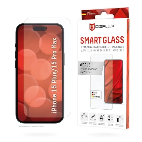 Displex Smart Glass (9H) für Apple iPhone 15 Plus/15 Pro Max, Montagesticker, unzerbrechlich, ultra-dünn, unsichtbar (Smart Glass Ultra-Slim 15 Plus/Pro Max)