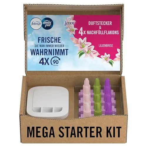 Febreze Programmierbarer Lufterfrischer 3Volution Duftstecker Starter-Kit + 4x Nachfüllflakons Lilienbrise, Elektrischer Raumduft mit 3 Wechselnden Düften Zum Bekämpfen Von Gerüchen
