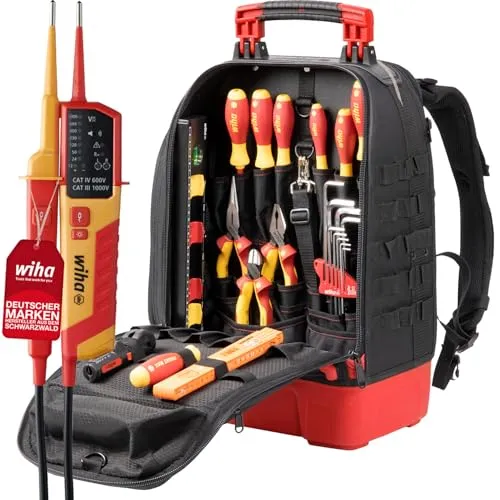 Wiha Elektriker Werkzeugrucksack 27-tlg. mit Spannungsprüfer - Werkzeugtaschen für Elektriker, inkl. Laptopfach und vielseitigem Spannungsprüfer für präzise Messungen bis 1.500 V DC.