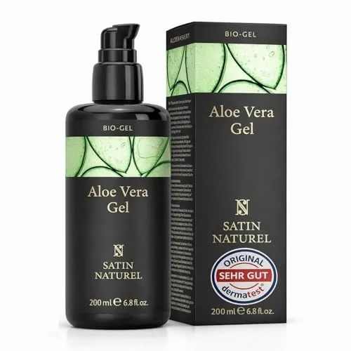 Satin Naturel Aloe Vera Gel 100% Vegan - Natürliche After Sun Pflege - After Sun-Pflege mit 100% veganer Aloe Vera, ideal zur Beruhigung von Sonnenbrand und als feuchtigkeitsspendende Gesichtscreme. Made in Germany und ohne Konservierungsstoffe.