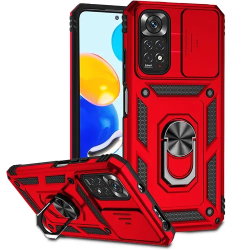 XINYEXIN Kameraschutz Handyhülle für Xiaomi Redmi Note 11 4G / Redmi Note 11S Hülle mit 360 Grad Metal Ring Ständer Stoßfest Schutzhülle Hard Case Sliding Camera Cover - Rot