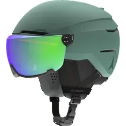Atomic Savor Visor Stereo Helm grün 59-63 - Herren & Unisex Skihelme mit fortschrittlicher Holo Core Technologie für 30% mehr Stoßdämpfung und anpassbarem Visor für Korrekturbrillen. Genießen Sie Sicherheit und Komfort auf der Piste!